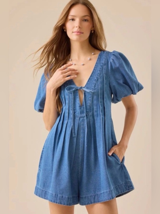 Altar'd State Pants - Altar'd State Medium Wash Denim Romper with Puff Sleeves - Blue